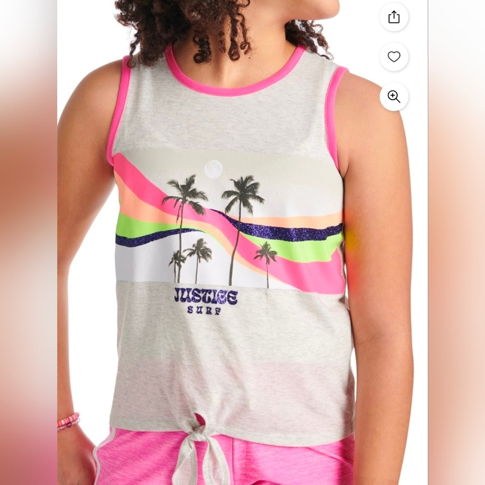 Justice Girls' Neon Palm Graphic Tank Top - Pink/Gray Size XL ( 16/18)